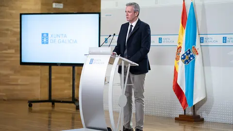 O presidente da Xunta, Alfonso Rueda, durante a rolda de prensa posterior á reunión semanal do Consello da Xunta.