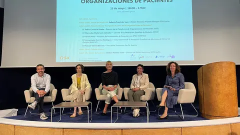 De izquierda a derecha: Pedro Carrascal, director de la Plataforma de Organizaciones de Pacientes (POP); Mercedes Maderuelo, gerente de la Federación Española de Diabetes (FEDE); Nicole Hass, portavoz de la Asociación de Pacientes con EPOC (APEPOC); Inmaculada Escriche, vicepresidenta de la Asociación Española de Afectados de Cáncer de Pulmón (AEACAP) y Raquel Gómez, presidenta de la Asociación Sevilla Respira..