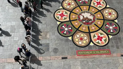 Le da forma el Botón Charro, donde alrededor de un círculo central se distribuyen 18 círculos que representan a las 18 cofradías, hermandades y congregaciones que componen la Junta de Semana Santa.