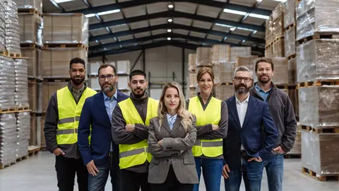 Equipo completo de empleados de almacén. Trabajadores, gerentes y directora en una fábrica industrial moderna, industria pesada, manufactura.