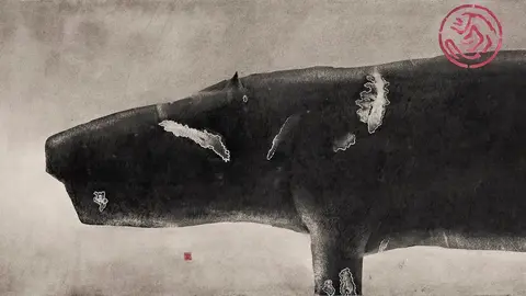 Alfonso Galván. Tótem, 1991. Tinta, lapis e cera sobre papel, 48 x 142 cm. Foto: cortesía MARCO / UM Fotografía.