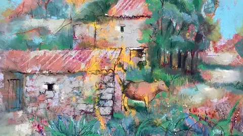 Obra de Marieta Quesada con los muíños do Folón e do Picón.