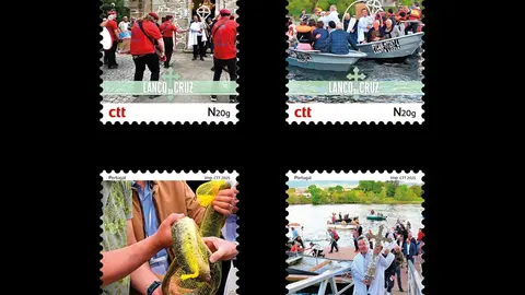 Quatro selos ilustrando a singular e secular tradição transfronteiriça do Lanço da Cruz, candidato a Património Cultural Imaterial de Portugal.