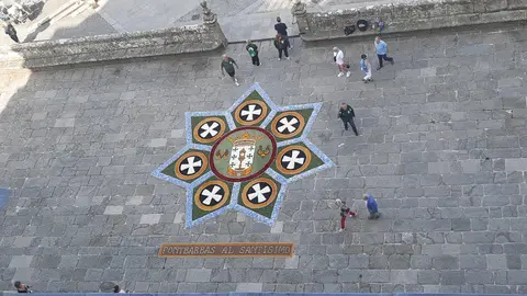 La impresionante alfombra floral de 50 m², obra de la Asociación de Alfombristas do Corpus Christi de Ponteareas, en el atrio de la Catedral de Lugo.