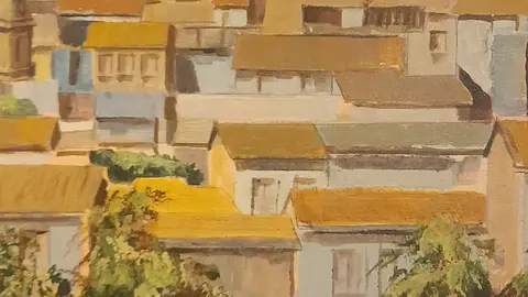 Obra de Abel Barandela realizada con su técnica de enopintura, donde el Camino de Santiago cobra forma a través de los matices del vino.