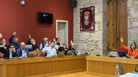 Los concejales levantan los brazos durante la votación del presupuesto en la sesión plenaria.