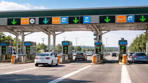 Peaje de autopista con varias v&iacute;as de cobro, s&iacute;mbolo del debate sobre los importes abonados por los usuarios durante las obras y la reclamaci&oacute;n de su devoluci&oacute;n.
