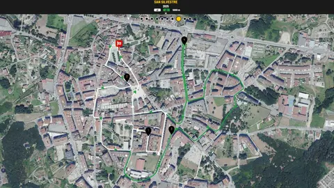 Plano del recorrido de la San Silvestre Solidaria de Ponteareas, con salida y llegada en la Praza Maior.