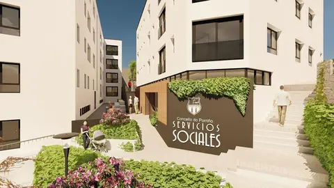 Recreaci&oacute;n del entorno de la nueva promoci&oacute;n de viviendas en alquiler en Antonio Palacios&ndash;Avenida de Galicia, con el acceso al futuro local municipal destinado a Servicios Sociales integrado en el conjunto residencial.