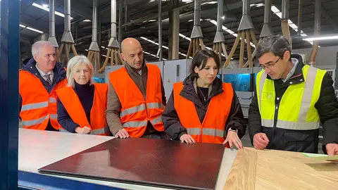 La conselleira de Econom&iacute;a e Industria, Mar&iacute;a Jes&uacute;s Lorenzana, junto al alcalde de O Porri&ntilde;o, Alejandro Lorenzo, y responsables institucionales y de la empresa, durante la visita a las instalaciones exteriores de Surco Interiors.