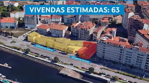 Vista a&eacute;rea de los terrenos del parque de maquinaria de la AXI en la avenida de Uruguay, en Pontevedra, donde la Xunta prev&eacute; construir 63 nuevas viviendas p&uacute;blicas tras la segregaci&oacute;n de las parcelas compartidas con el Estado.