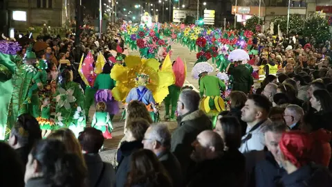 Miles de personas asisten al desfile de comparsas del Entroido de O Porri&ntilde;o, que llena las calles de color y m&uacute;sica.