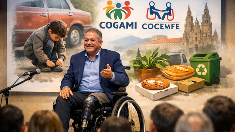 Anxo Queiruga durante o faladoiro celebrado no Colexio Maior La Estila, no que relatou a s&uacute;a traxectoria persoal e o traballo de COGAMI pola inclusi&oacute;n das persoas con discapacidade.