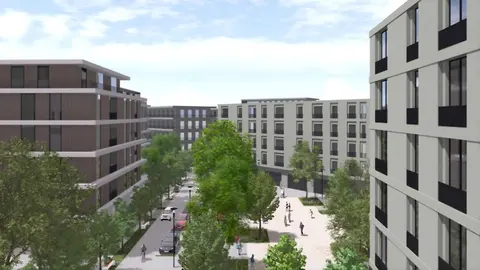 Recreaci&oacute;n virtual del futuro barrio de San Mauro, con viviendas y zonas verdes integradas en un entorno urbano sostenible.