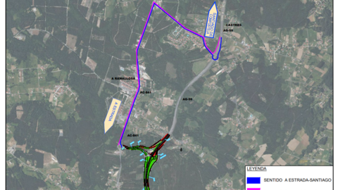 Plano de los desv&iacute;os habilitados durante el cierre del enlace de A Ramallosa en la AG-59, con circulaci&oacute;n alternativa por Os Verxeles mientras avanzan las obras de prolongaci&oacute;n de la autov&iacute;a hacia A Estrada.