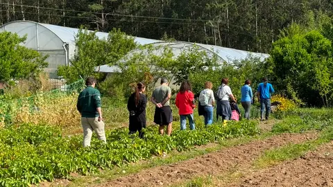 Participantes nunha visita &aacute; horta ecol&oacute;xica de Chema, unha das actividades que permitiu descubrir os oficios e produtos vinculados ao territorio do Xeoparque Cabo Ortegal.