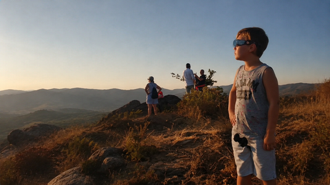 Un ni&ntilde;o observa el eclipse con gafas homologadas desde el Coto de Aldiri, donde el descenso de la temperatura, la transformaci&oacute;n de la luz y el silencio de la naturaleza envolvieron la monta&ntilde;a en una atm&oacute;sfera sobrecogedora.