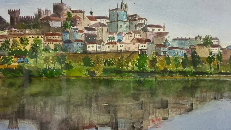 Vista acuarelada de Tui reflectida nas augas do r&iacute;o Mi&ntilde;o, unha das paisaxes presentes na exposici&oacute;n Acuarelas de Jos&eacute; Jes&uacute;s Blanco P&eacute;rez, na que o autor recrea lugares vencellados &aacute; s&uacute;a memoria e &aacute; s&uacute;a traxectoria vital.