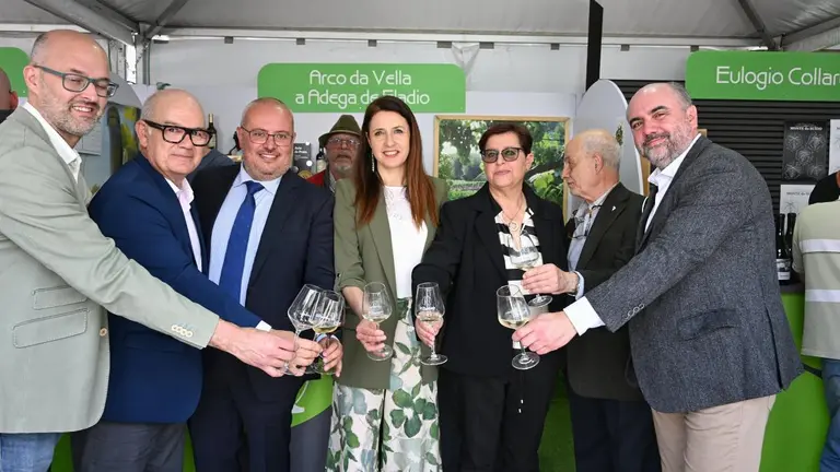 Autoridades y representantes del sector brindan en la inauguraci&oacute;n de la 63&ordf; Feria del Vino del Ribeiro en Ribadavia.