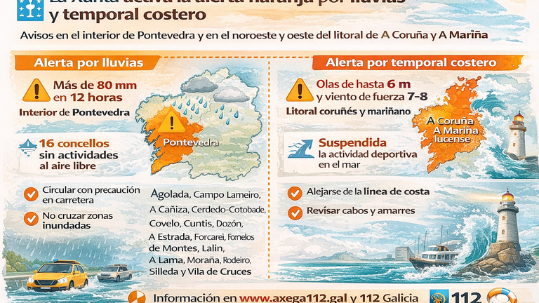 La Xunta activa la alerta naranja por lluvias en el interior de Pontevedra y por temporal costero en A Coruña y A Mariña