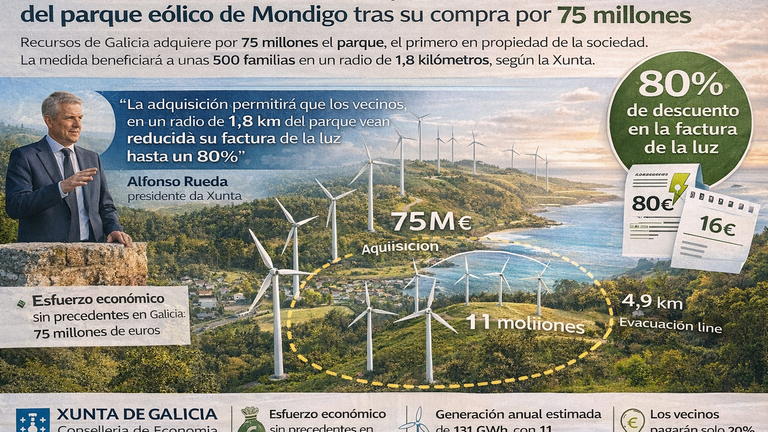 Rueda anuncia un 80% de descuento en la luz para los vecinos del entorno del parque eólico de Mondigo tras su compra por 75 millones
