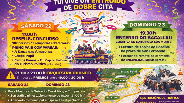 Tui vive un Entroido de dobre cita con desfile, música e o tradicional Enterro do Bacallau