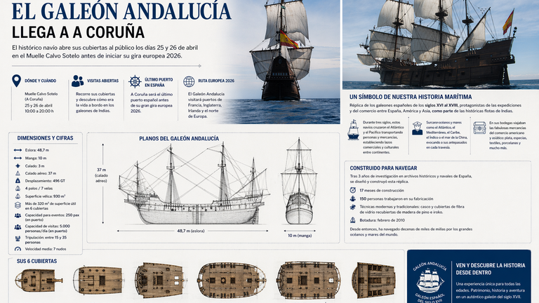 ⛵ El Galeón Andalucía llega a A Coruña y abre sus cubiertas al público este fin de semana