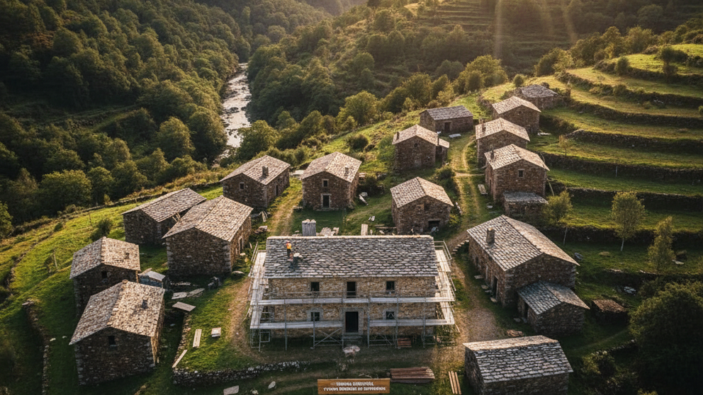 Vista aérea do edifício B1 da Branda Científica de S. Bento do Cando, em Arcos de Valdevez, atualmente em requalificação para se tornar uma residência para estudantes e investigadores.