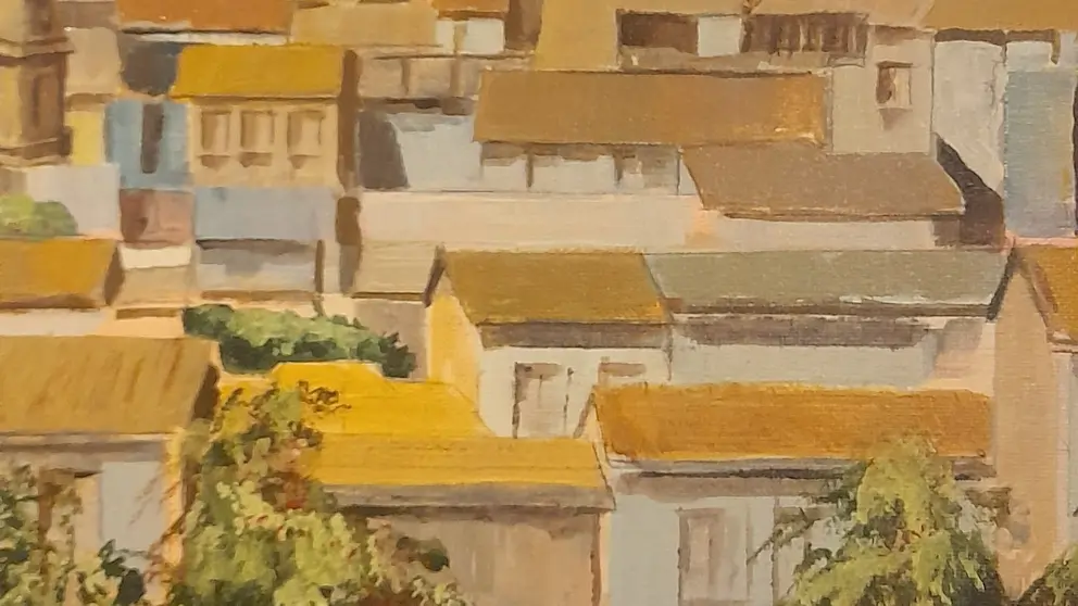 Obra de Abel Barandela realizada con su técnica de enopintura, donde el Camino de Santiago cobra forma a través de los matices del vino.