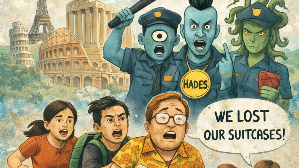 Ilustraci&oacute;n inspirada en The European Odyssey, la propuesta teatral participativa de On Stage Company que combina aprendizaje de ingl&eacute;s, humor y referencias a la mitolog&iacute;a cl&aacute;sica a trav&eacute;s de un viaje por Europa lleno de situaciones inesperadas. INFOGRAF&Iacute;A DL-G.