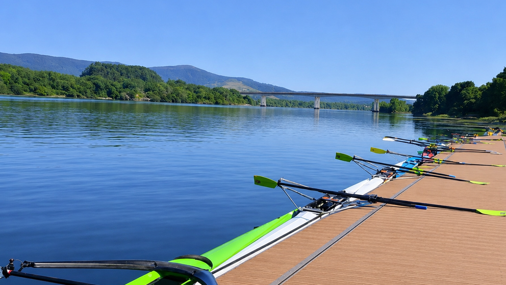 Embarcaciones de remo preparadas junto al muelle del r&iacute;o Mi&ntilde;o, en Vila Nova de Cerveira, escenario de la XIX Regata Internacional Puente de la Amistad que reunir&aacute; este s&aacute;bado a clubes portugueses y espa&ntilde;oles.
