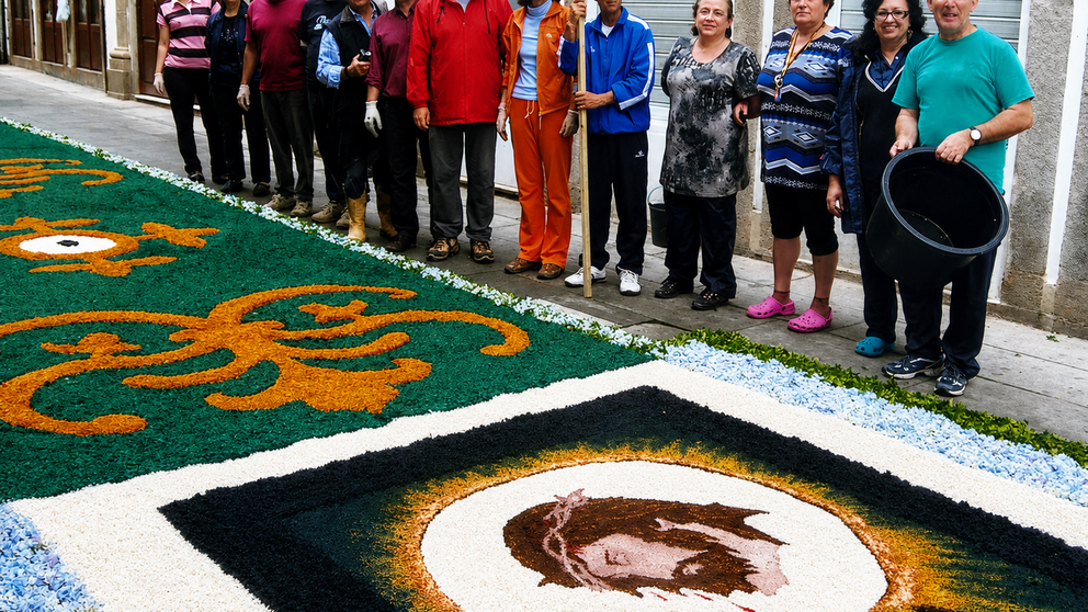 Vecinos y voluntarios posan junto a uno de los tapices florales elaborados para la festividad del Corpus Christi en Ponte de Lima. La implicaci&oacute;n de generaciones de limianos ha permitido conservar una tradici&oacute;n centenaria que cada a&ntilde;o transforma las calles de la villa en aut&eacute;nticas obras de arte ef&iacute;meras. TAPETES DA R&Uacute;A DO SOUTO.