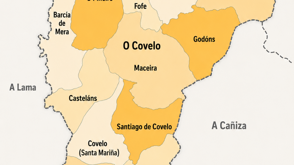 Mapa de las parroquias del municipio de Covelo, en el que se aprecia la diferenciaci&oacute;n territorial entre O Covelo y Covelo (Santa Mari&ntilde;a), adem&aacute;s de Santiago de Covelo, tres denominaciones que pueden dar lugar a confusi&oacute;n.