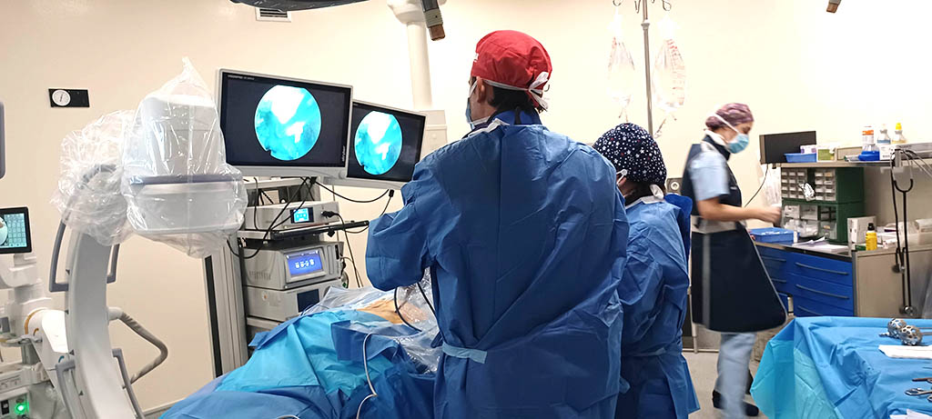 Os doutores Juan Castro Toral, xefe de Servizo de Traumatoloxía do Hospital San Rafael da Coruña; Juan Álvarez de Mon Montoliu, especialista en Cirurxía Ortopédica e Traumatoloxía na Unidade de Columna do mesmo centro; e Manuel González Murillo, especialista de Endoscopia de Columna do Hospital HM Puerta del Sur de Madrid.