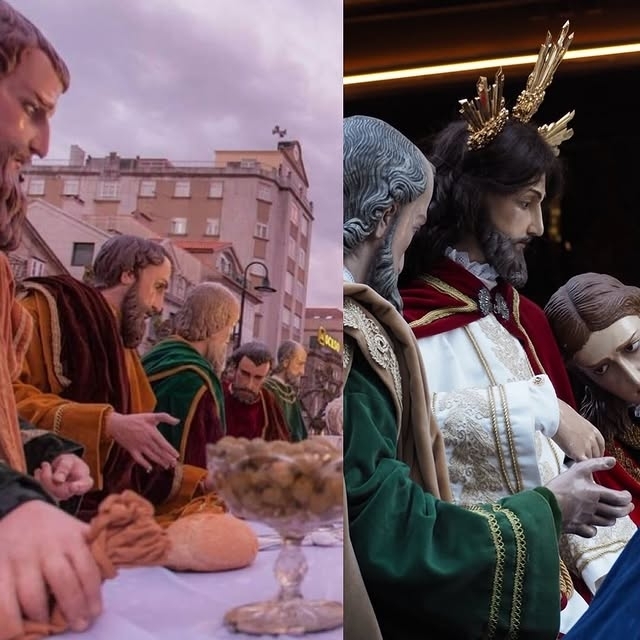 Detalle de la Santa Cena del Redentor durante la procesión del Jueves Santo, con la mesa de los apóstoles y sus elementos tradicionales, símbolo de fe, identidad local y participación popular.