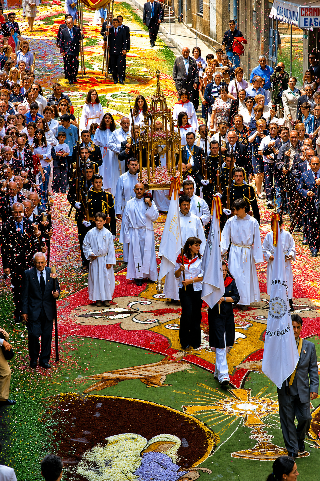 A solemne procesión do Corpus Christi percorre as rúas de Ponteareas sobre as espectaculares alfombras florais elaboradas artesanalmente por centos de veciños e veciñas. Declarada Festa de Interese Turístico Internacional e Ben de Interese Cultural, esta celebración converte cada ano a vila do Tea nun referente mundial da arte efémera e da tradición relixiosa galega.