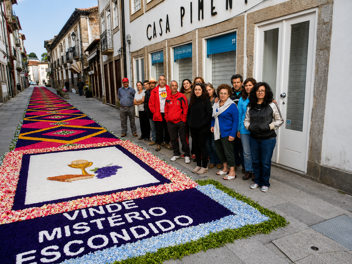Integrantes de una de las cuadrillas de alfombristas encargadas de elaborar los tradicionales tapices florales del Corpus Christi posan junto a su creación en una calle del casco histórico de Ponte de Lima. El trabajo colectivo y la dedicación de los voluntarios mantienen viva una de las expresiones más singulares del patrimonio cultural y religioso de la villa.