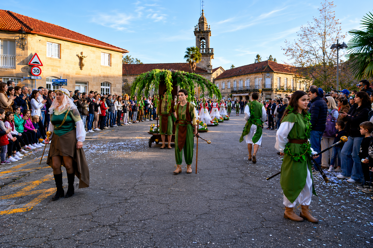 Desfile de Entroido polas rúas de Mondariz, coa participación de comparsas e público reunido arredor da praza nunha das citas máis coloridas do calendario festivo local.