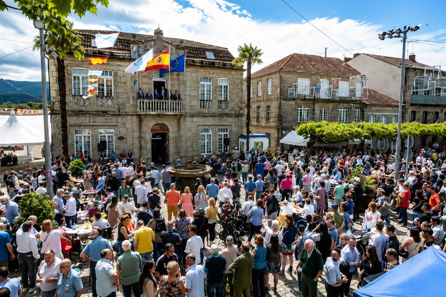 A Praza do Concello de Arbo énchese de veciños e visitantes durante a celebración da Festa da Lamprea, declarada de Interese Turístico Internacional e considerada un dos grandes escaparates gastronómicos e culturais de Galicia.
