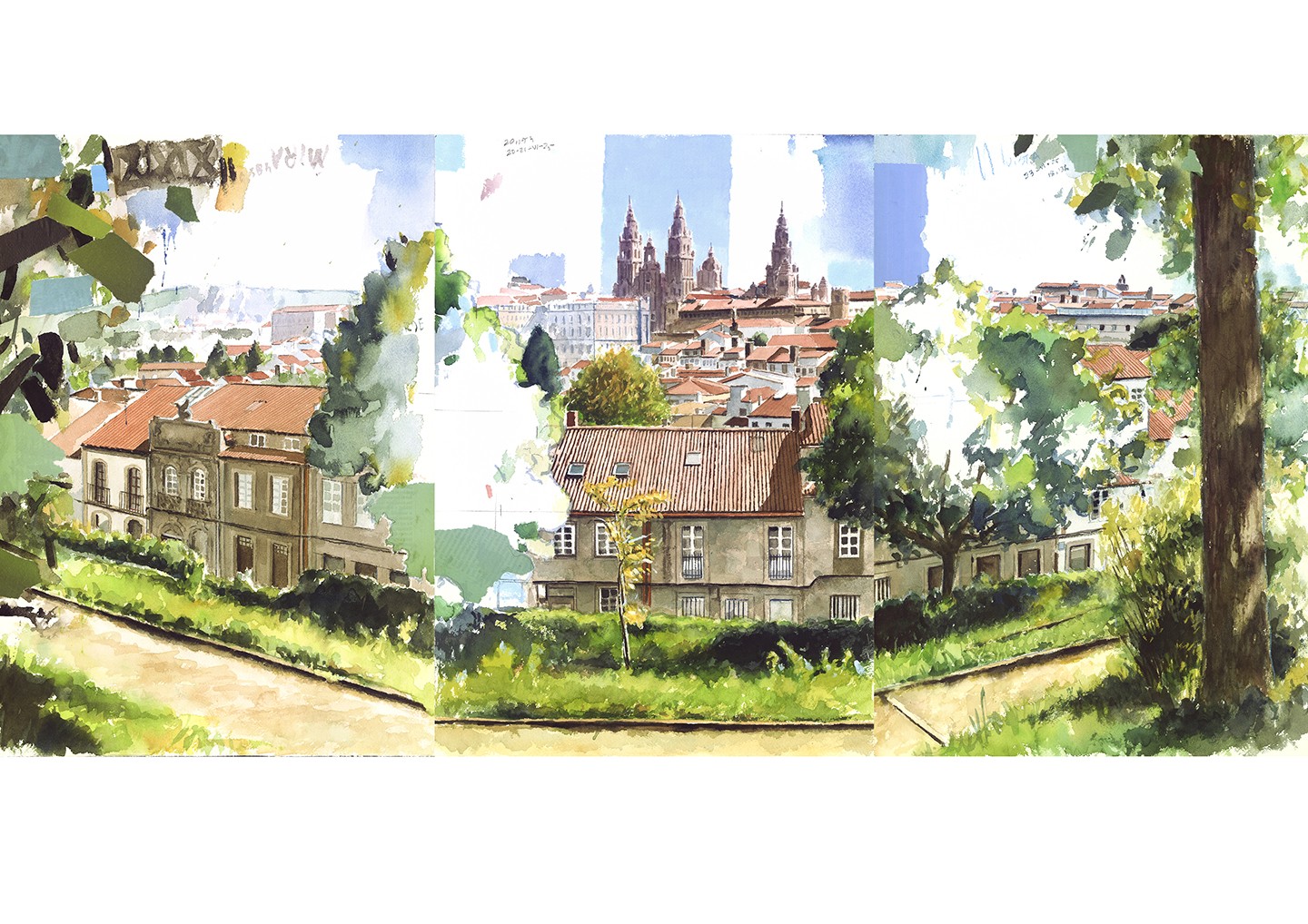 Vista de Santiago de Compostela reinterpretada por Diego de Giráldez nunha acuarela de gran forza expresiva, onde a arquitectura histórica dialoga coa natureza e coa luz característica da cidade do Apóstolo.