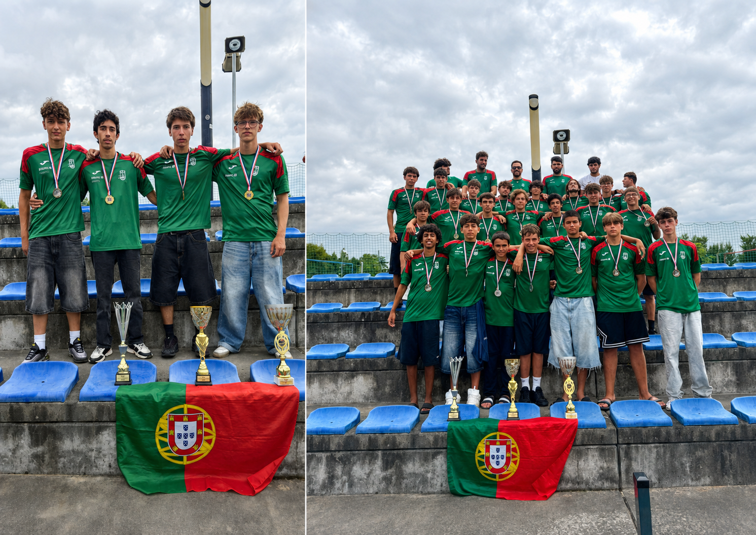 Los cuatro deportistas del Club Náutico de Arcos de Valdevez convocados por Portugal y, a la derecha, la delegación nacional que logró dos medallas de oro y una de plata en Kaniów.