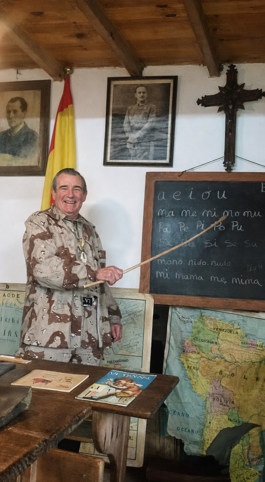 Marcos Rodríguez Pantoja ante la pizarra de la antigua escuela recreada en la Casa Museo Etnográfica Pazo da Cruz.